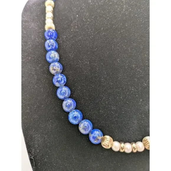Blue Lapis Vintage Necklace Bracelet and Earring Suite with Gold Beads & Pearls - Picture 4 of 7